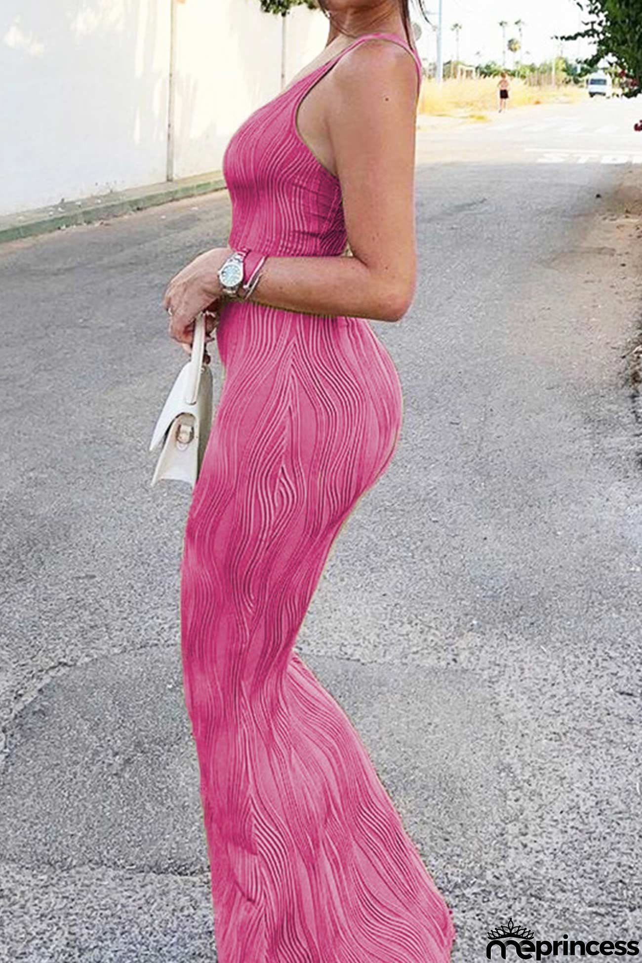 Rose One Shoulder Wave Texture Maxi Dress