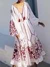 Loosen Boho Tribal Geometric Floral V Neck Raglan Sleeve Long sleeve Woven Dress