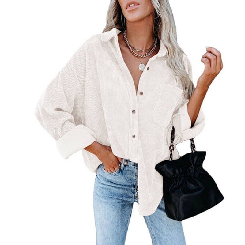 Cotton Casual Corduroy Blouse Women Strip Plus Size Women Shirt Jacket Vintage Button Pocket Loose Fashion Blouses Tops 17787