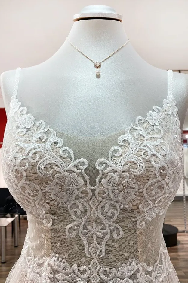 Luxury Long A-Line V-Neck Sleeveless Backless Wedding Dress with Lace and Tulle main image 0