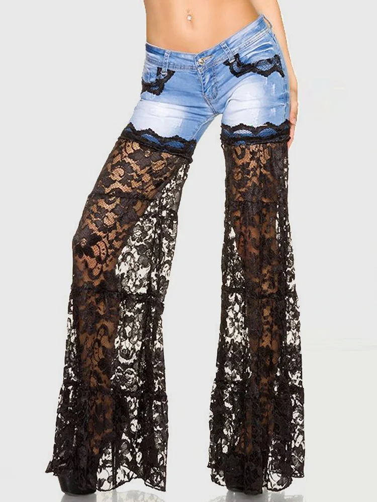 Fashion Denim Lace Patchwork See Through Jeans