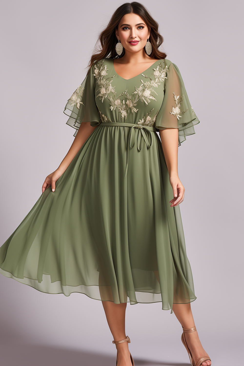 Flycurvy Plus Size Wedding Guest Sage Green Chiffon Embroidery Flutter Sleeve Lace-Up Tea-Length Dress