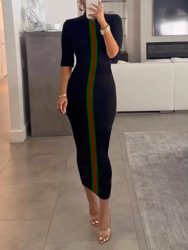 Contrast Color Striped Bodycon Half Sleeves Stand Collar Midi Dresses