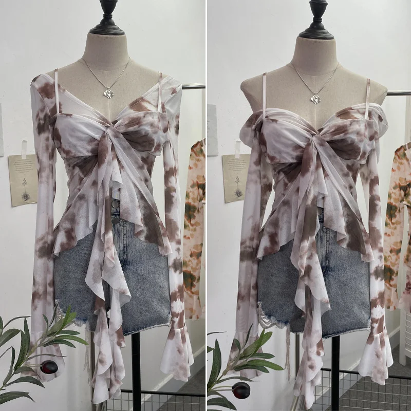 Uveng Irregular Kinking Of The Net Yarn Irregularly Kinked Lotus Lobe Slings Shoulder Horn Sleeve T-Shirt Short Top 2618