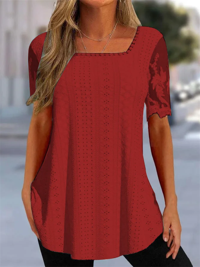 Women Short Sleeve U-neck Solid Lace Tops