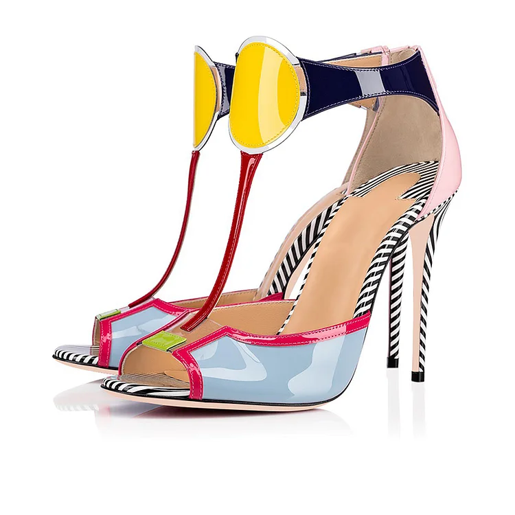Multicolor Patent Leather T Strap Heels Sandals |FSJ Shoes
