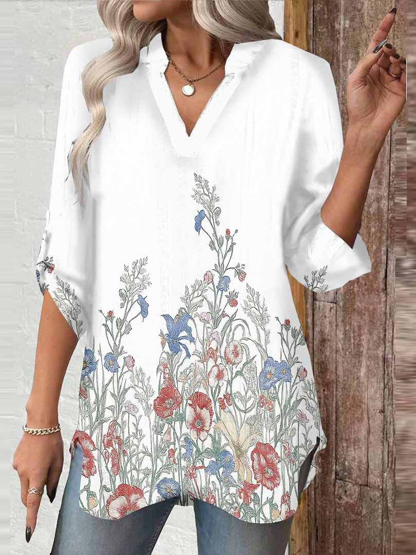 Women Floral, Red, Colorful DZGA0562 3/4 Sleeve V-neck Printed Graphic Button Tops