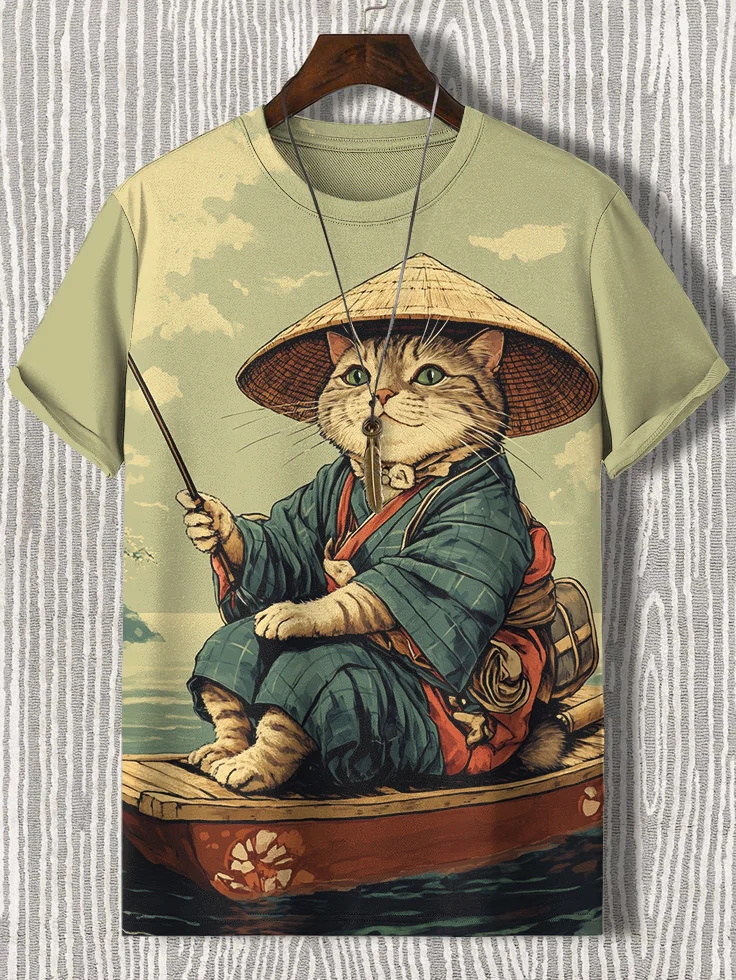 Men's Cat Fishing Japanese Art Print Casual T-Shirt