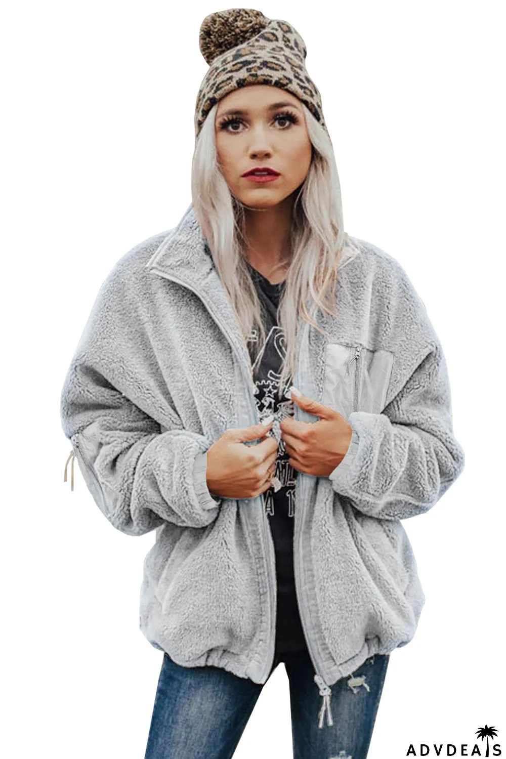 Zip Up Sherpa Coat With Pocket