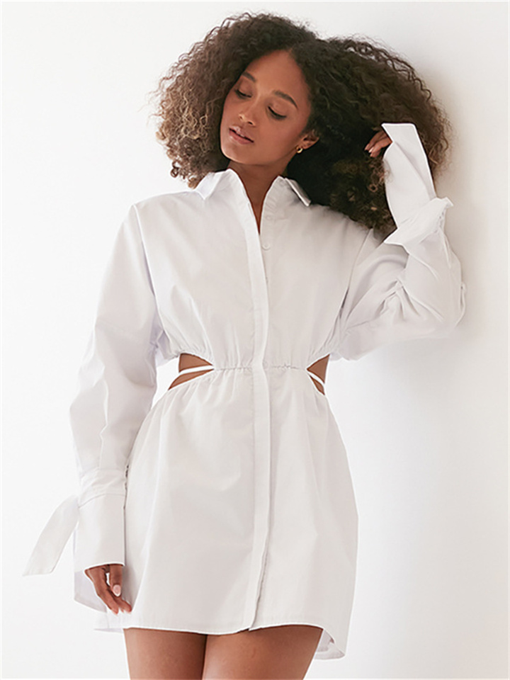 Summer New Waist Hollow Design Sense Long-sleeved Solid Color Lapel Shirt Dress Tie Commuter Women's Short Dresses