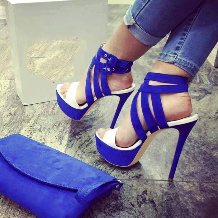 Royal Blue Heels Open Toe Stiletto Heels Platform Sandals |FSJ Shoes