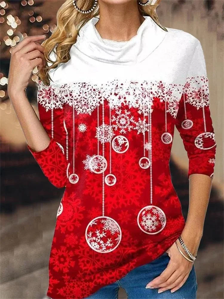 Christmas Print Long Sleeve Red White Sweatshirt