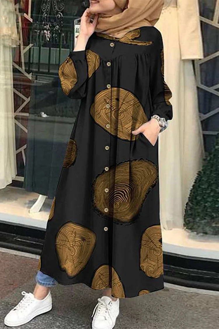 Vintage Geo Leopard Pattern With Pockets Long Sleeve Maxi Dress