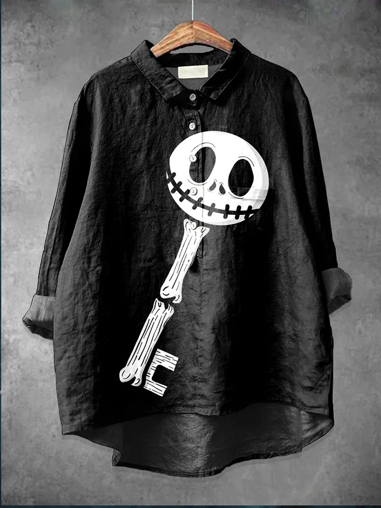 Women's  Halloween Art  Print Casual Cotton And Linen Shirt
