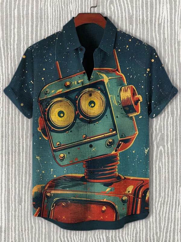 Men's Vintage Robot Art Print Casual Shirt