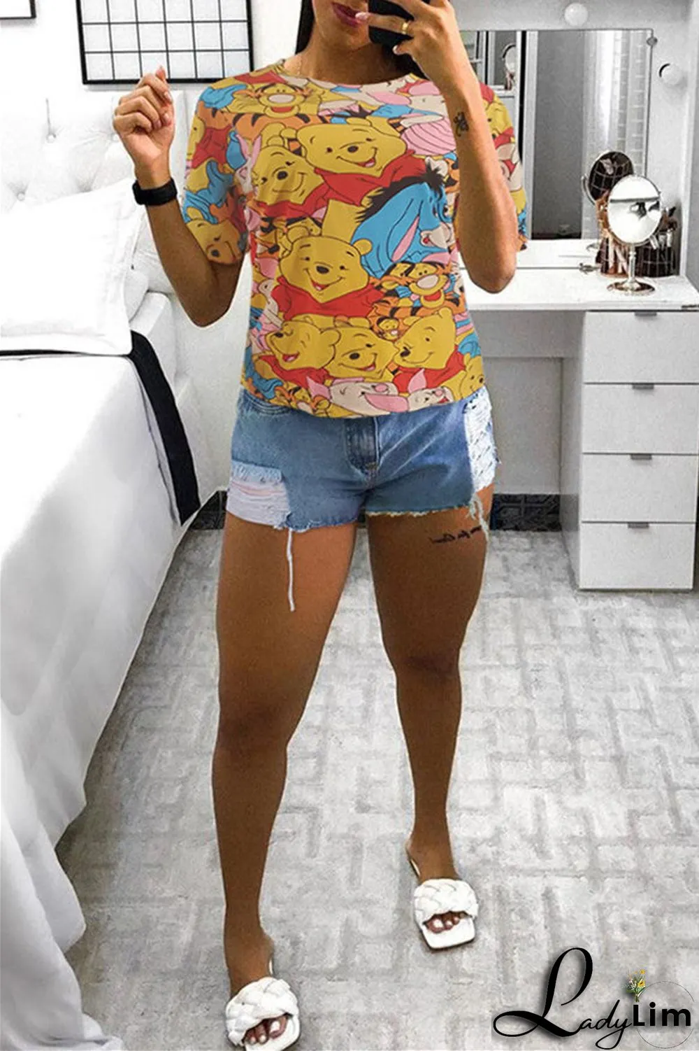 Yellow Fashion Casual Print Basic O Neck T-Shirts