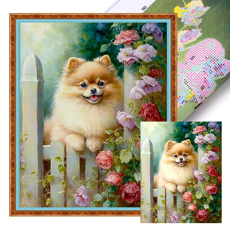 『HuaCan』Flowers and Dogs - 11CT Stamped Cross Stitch(40*50cm)