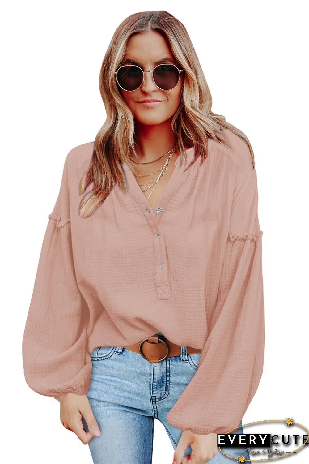 Pink Casual Balloon Sleeve Crinkled Top