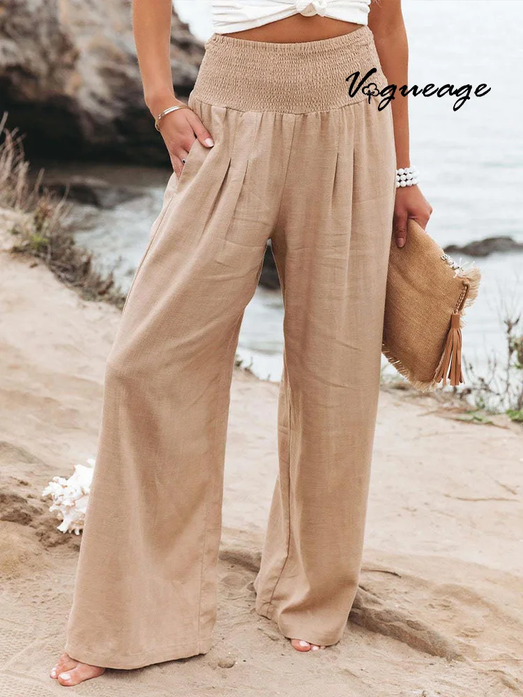 Solid Color Elastic Waist Wide Leg Pants Casual Cotton And Linen Pants