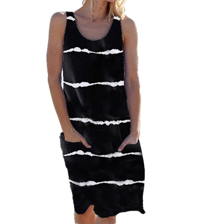 Summer Women's Round Neck Printed Striped Pocket Tank Top Dress Women Casual Loose Sleeveless Boho Dress