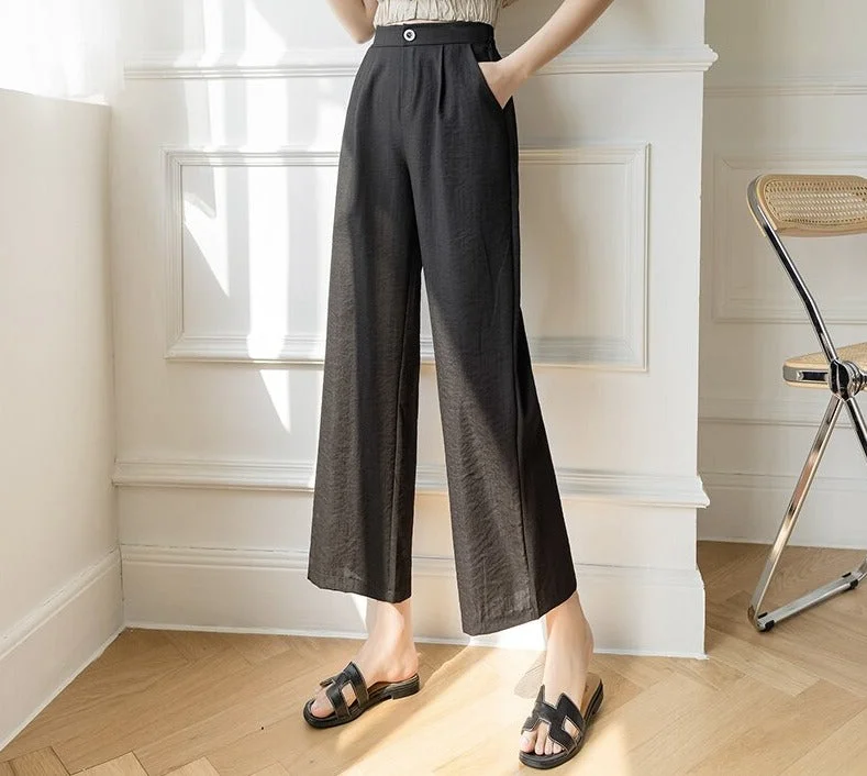 Peneran Fashion New Wide Leg Pants Women Cotton Linen High Waist Pants Solid Color Pockets Black Khaki Trousers S-XXL Spring