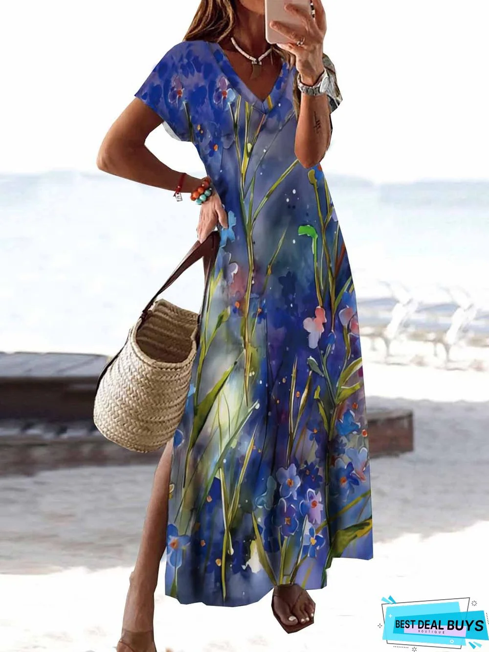 Vacation Floral Printed Casual V Neck Loosen Maxi Dresses