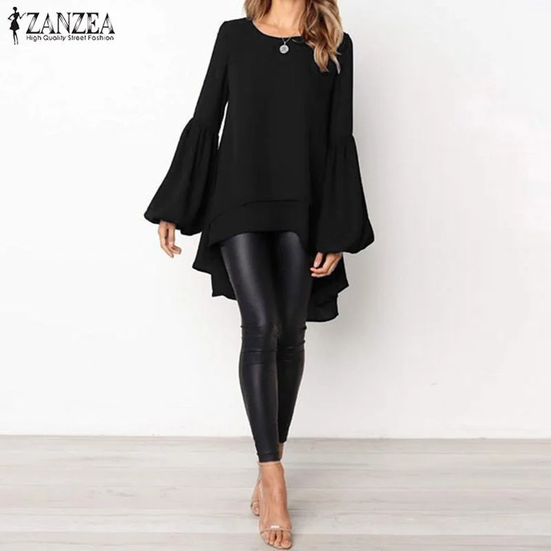 Women Blouse ZANZEA Autumn Crew Neck Lantern SleeveShirt Casual Solid Blusas Femininas Long Tops Tunic Asymmetrical Hem Blouses