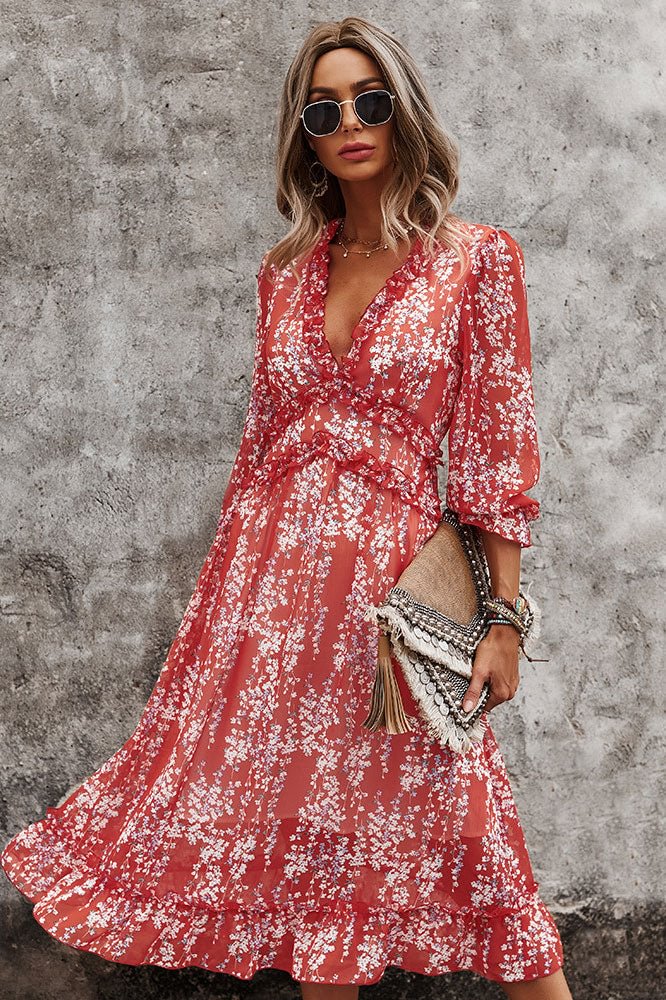 Sexy Long Sleeve Mid-Length V-neck Printed Dress - Life is Beautiful for You - SheChoic