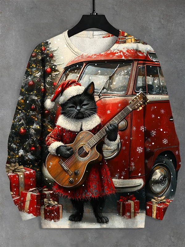 Men's Christmas Black Cat Playing Guitar Hippie Car Print Casual Sweatshirt