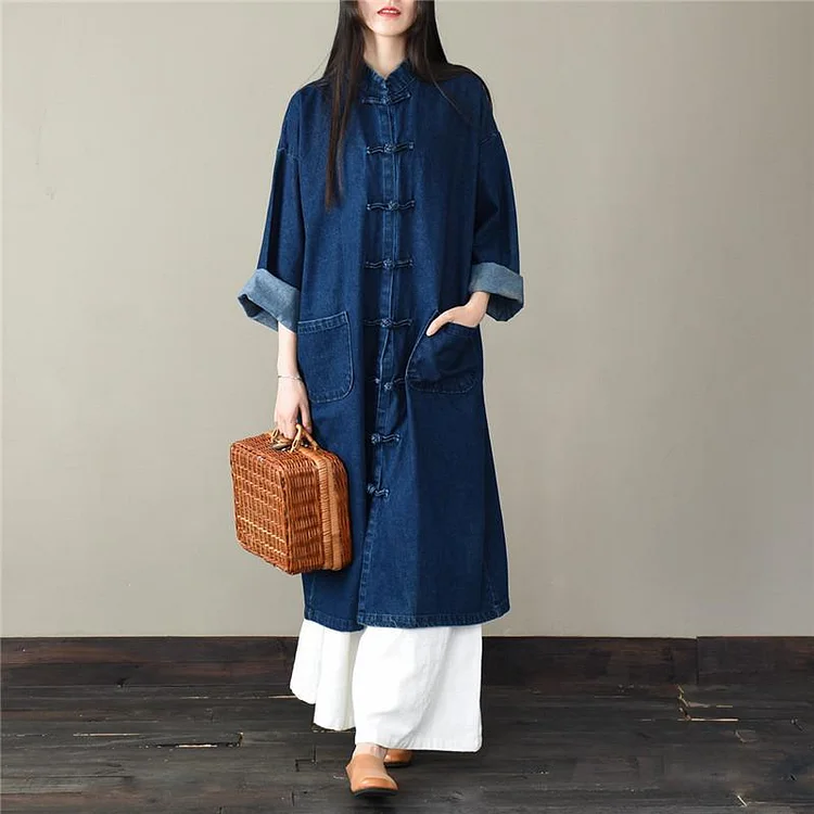 Loose stand collar Plus Size spring clothes For Women dark blue silhouette coats