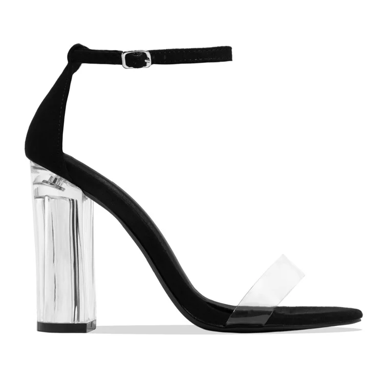 Solid Pointed Toe Ankle Strap Clear Chunky Heeled Sandals