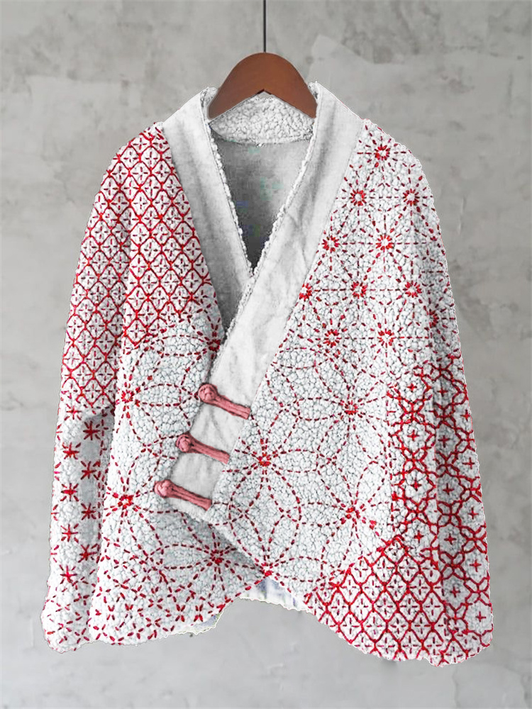 Comstylish Japanese Geometric Stitch Floral Pattern Women's Kimono
