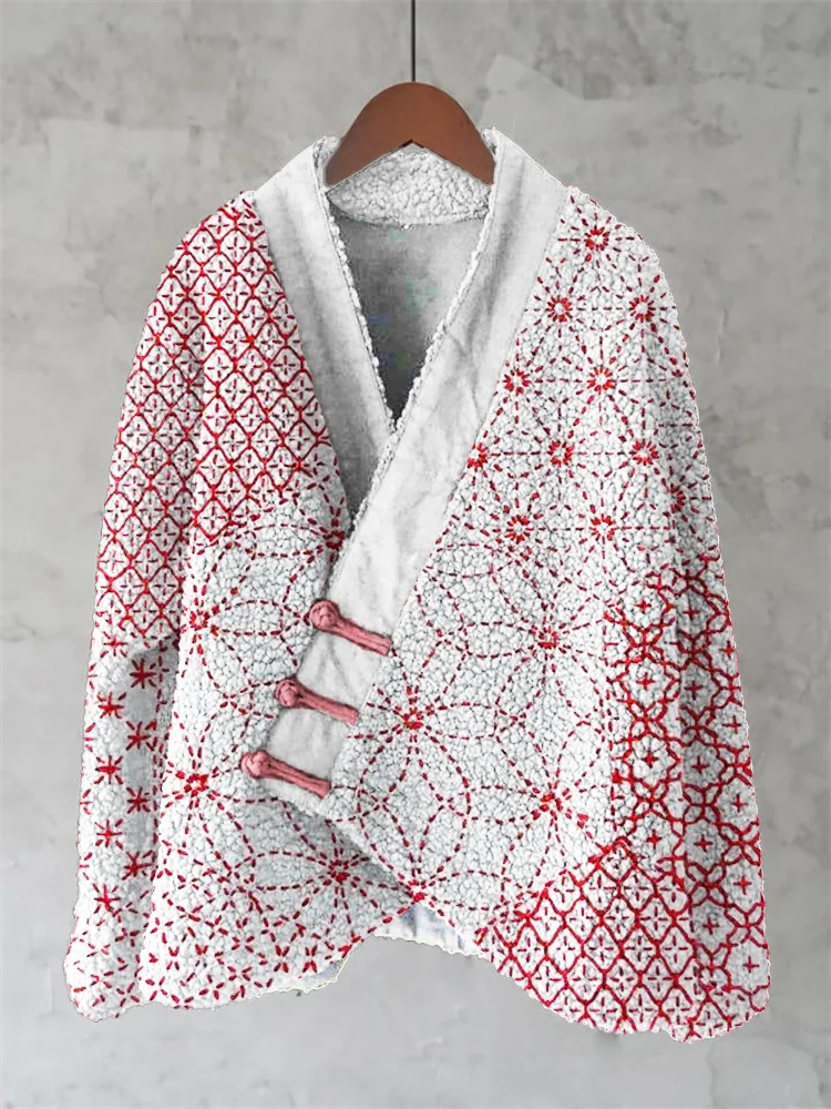 Japanese Geometric Stitch Floral Pattern Women's Kimono