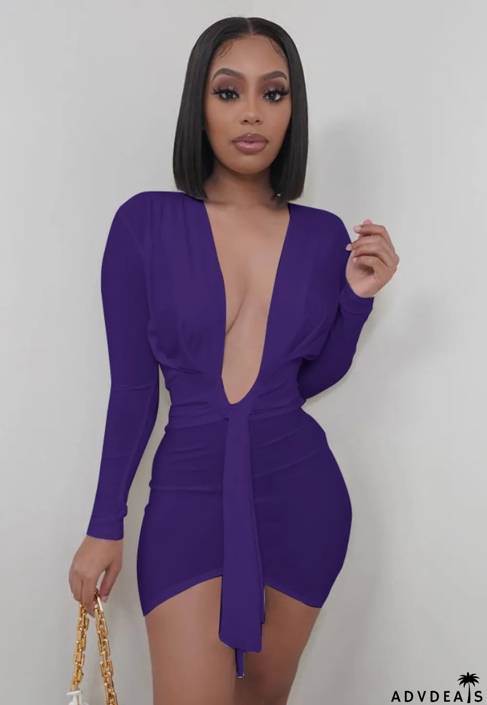 Fall Sexy Purple Plunge V-neck Long Sleeve Irregular Bodycon Dress