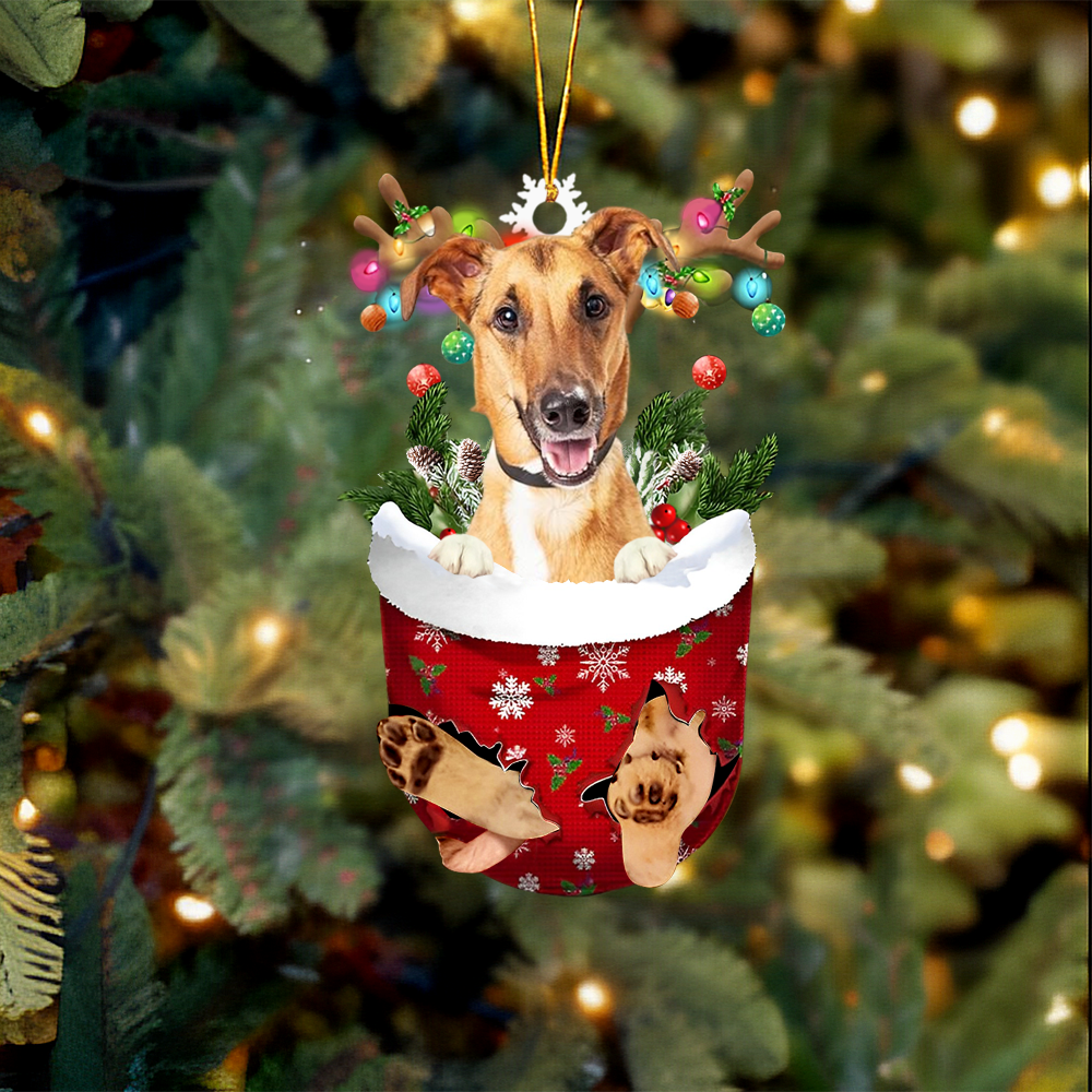 Whippet In Snow Pocket Christmas Ornament.
