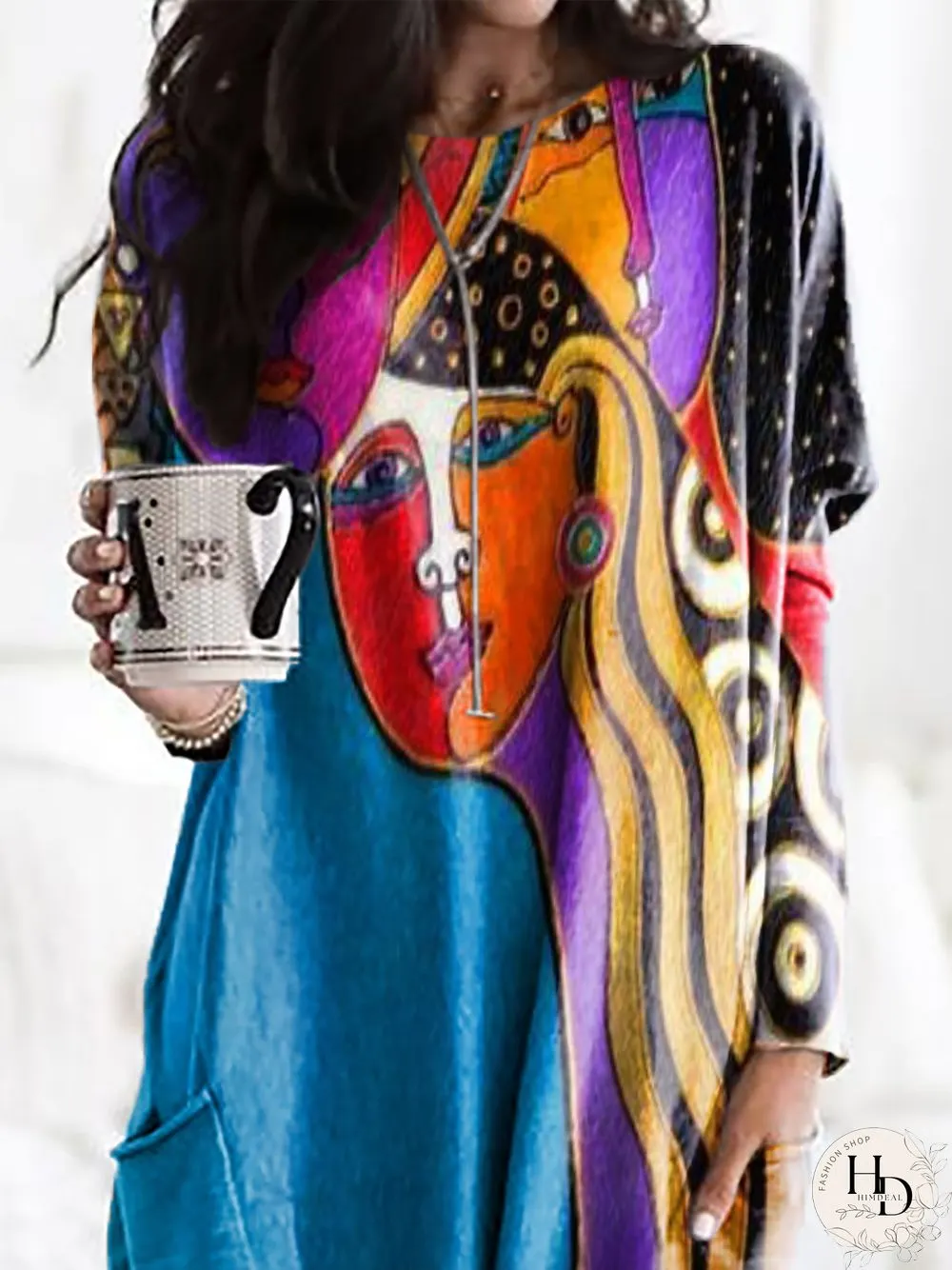 Long Sleeve Abstract Cotton-Blend Knitting Dress