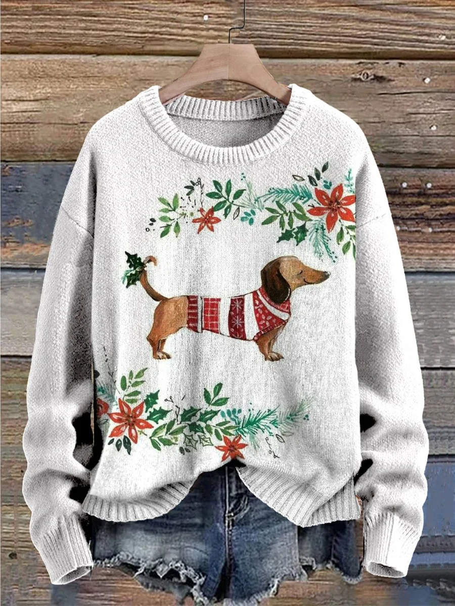 Women's Christmas Floral Dachshund Dog Graphic Print Sweatshirt