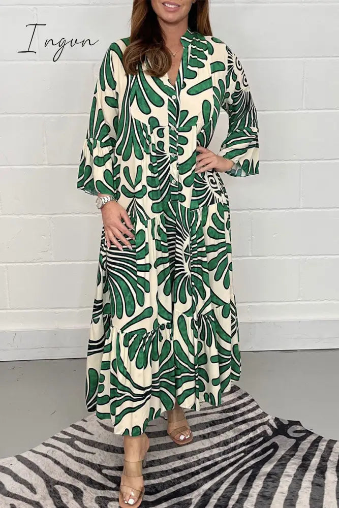 Ingvn - Casual Geometric Printing Mandarin Collar Printed Dress Dresses Green / S Dresses/Casual