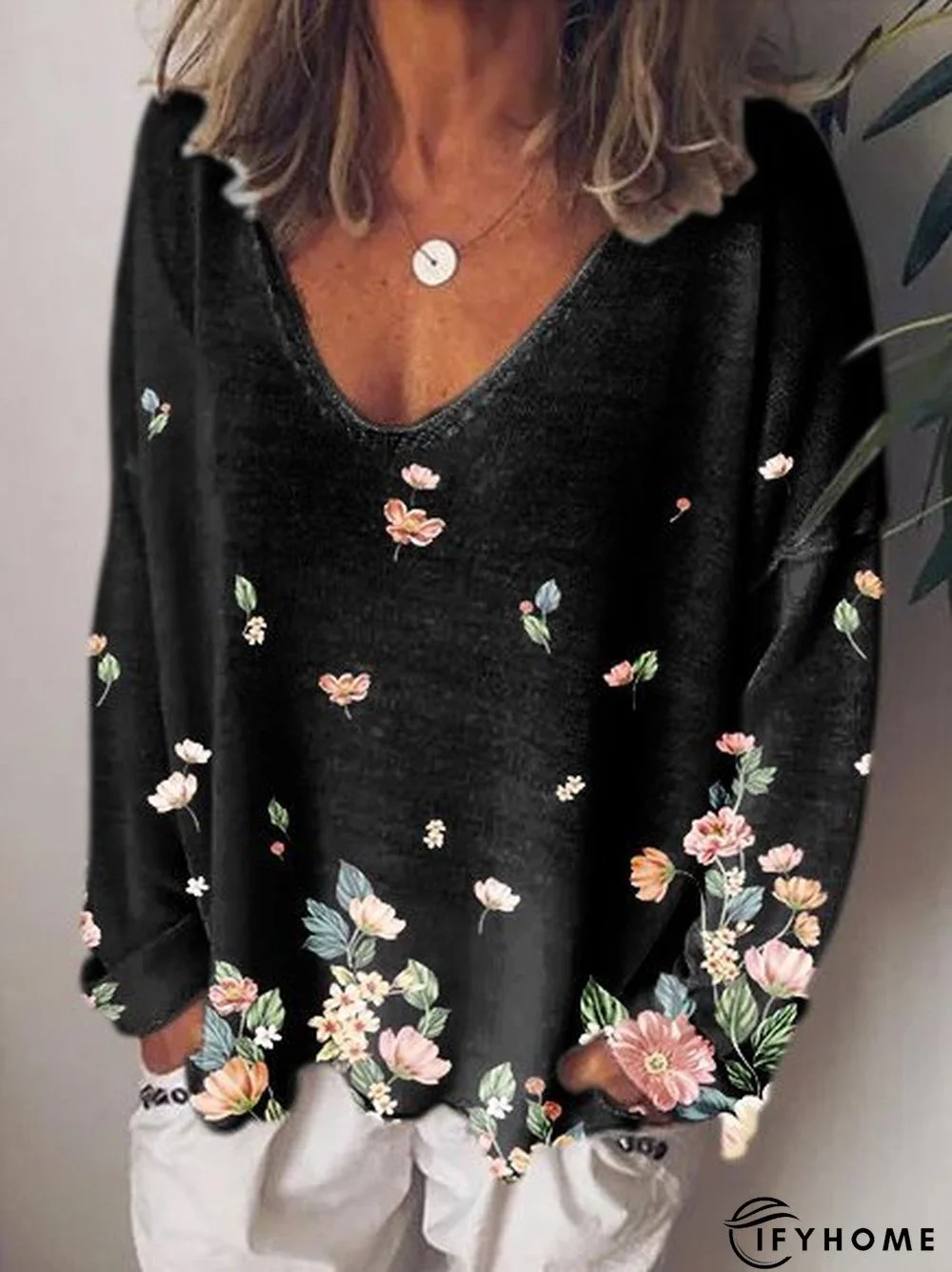 V Neck Striped Casual Long Sleeve Top | IFYHOME