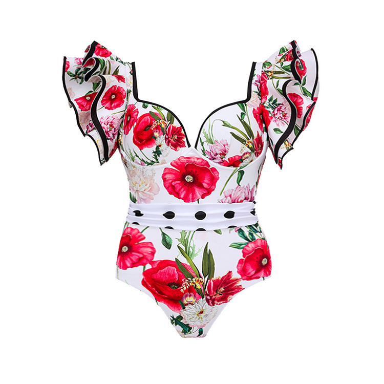 Plus Size Ruffle Rose Print Swimsuit and Skirt Flaxmaker