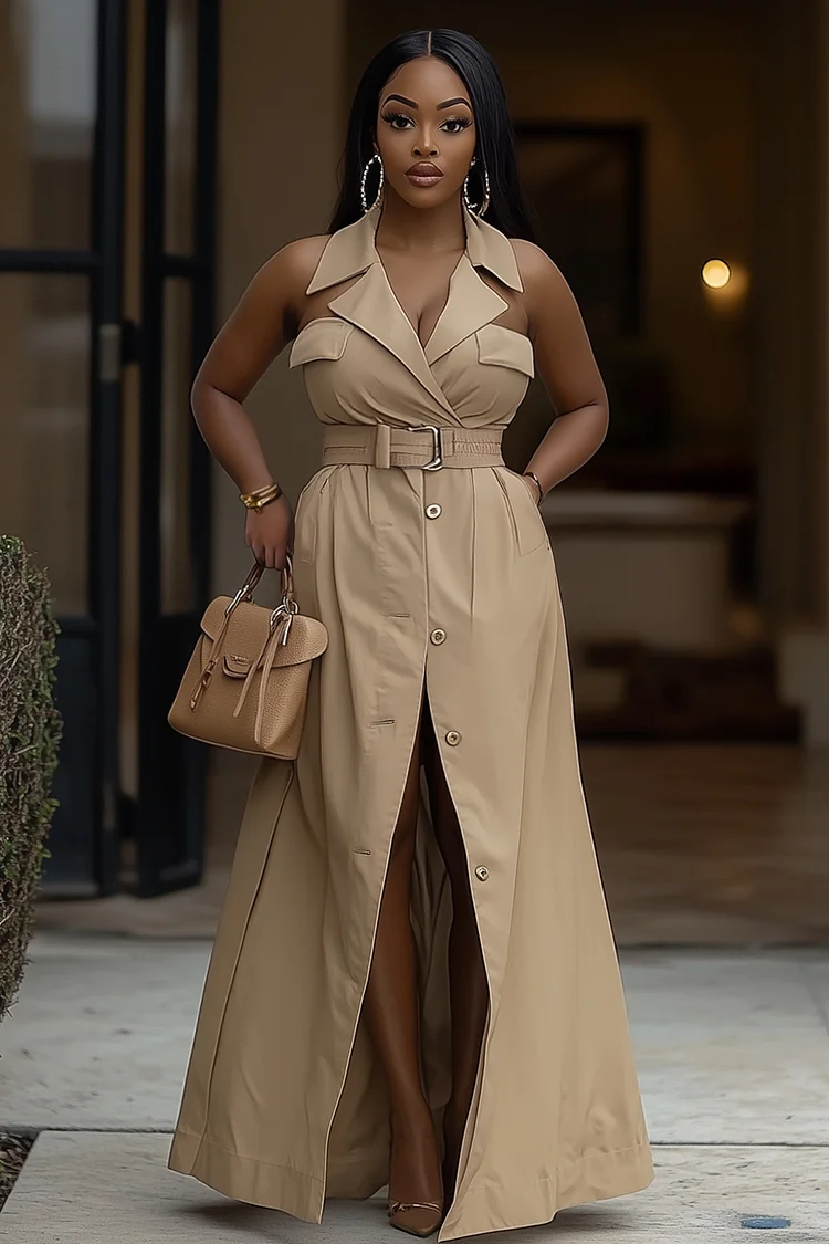 Lapel Collar Sleeveless Button Plain Belted Maxi Dresses-Khaki [Pre Order]
