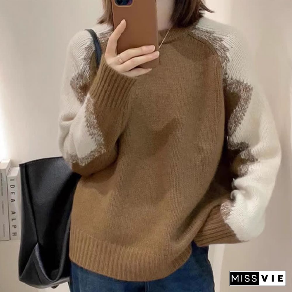 Chic Colorblock Round Collar Knit Loose Sweater