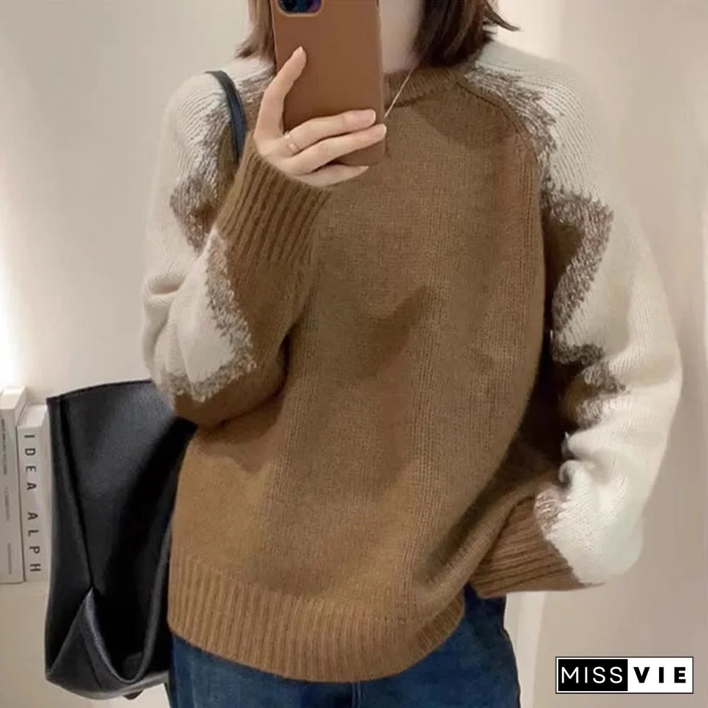 Chic Colorblock Round Collar Knit Loose Sweater
