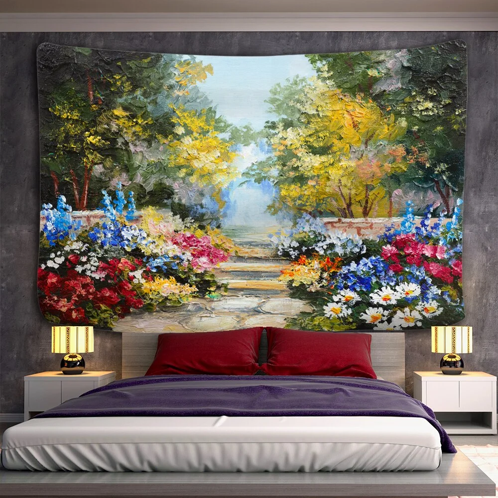Flower Forest Oil Painting Wall Hanging Tapestry Retro Print Decor Flowers Picnic Mat Bohemia Hippie Wall Carpets Dorm Decor