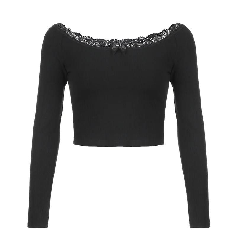 Ueong Girl Shoulder-Length T-Shirt 2024 New Lace Bowknot Spliced Blouse