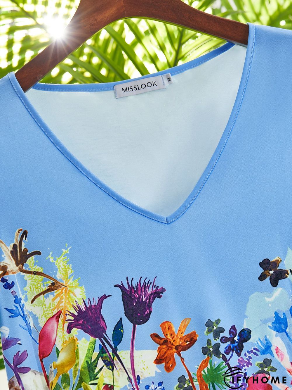 Floral Short Sleeve Printed Cotton-blend V neck Casual Summer Blue Top | IFYHOME