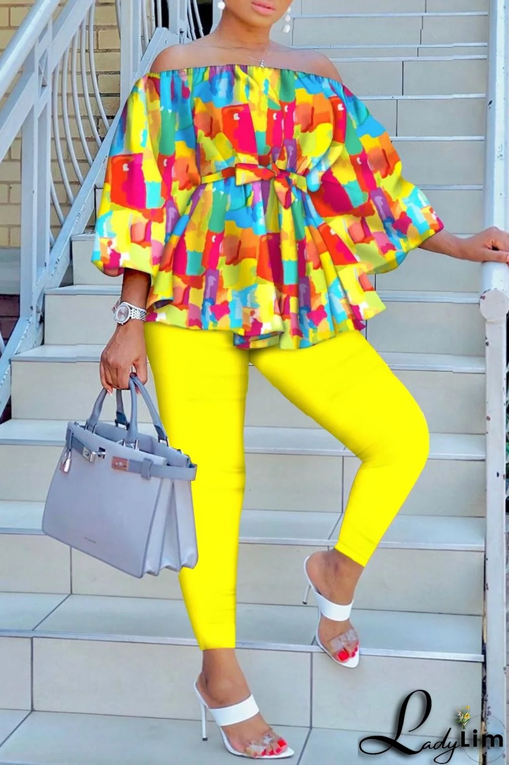 Yellow Casual Print Patchwork Off the Shoulder Three Quarter Two Pieces