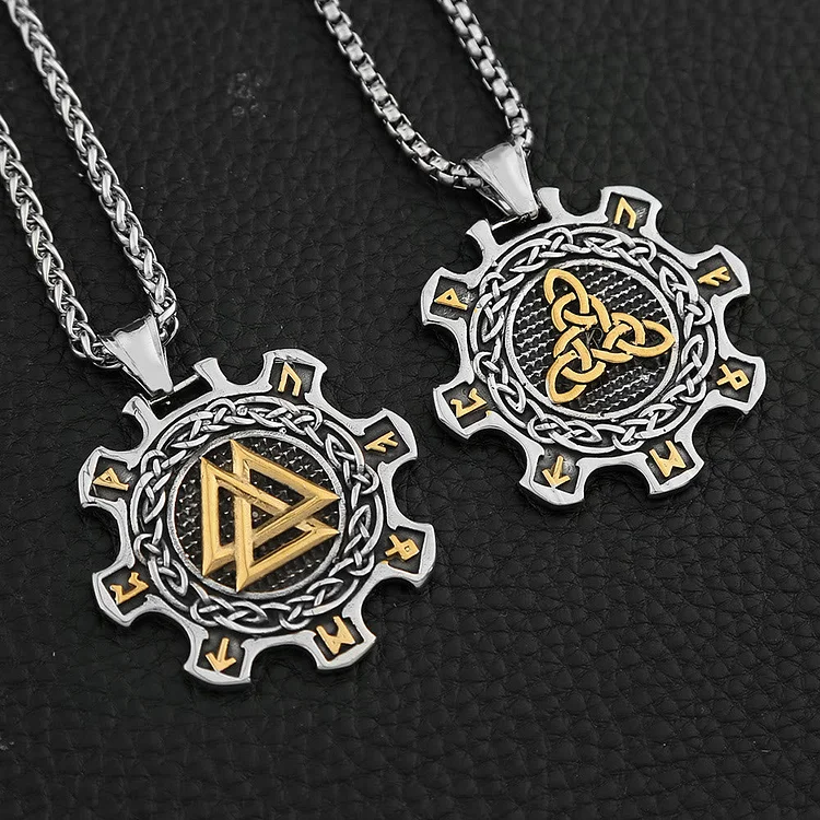 Coutureaura Valknut Celtic Knot Triad Rune Gear Wheel Necklace