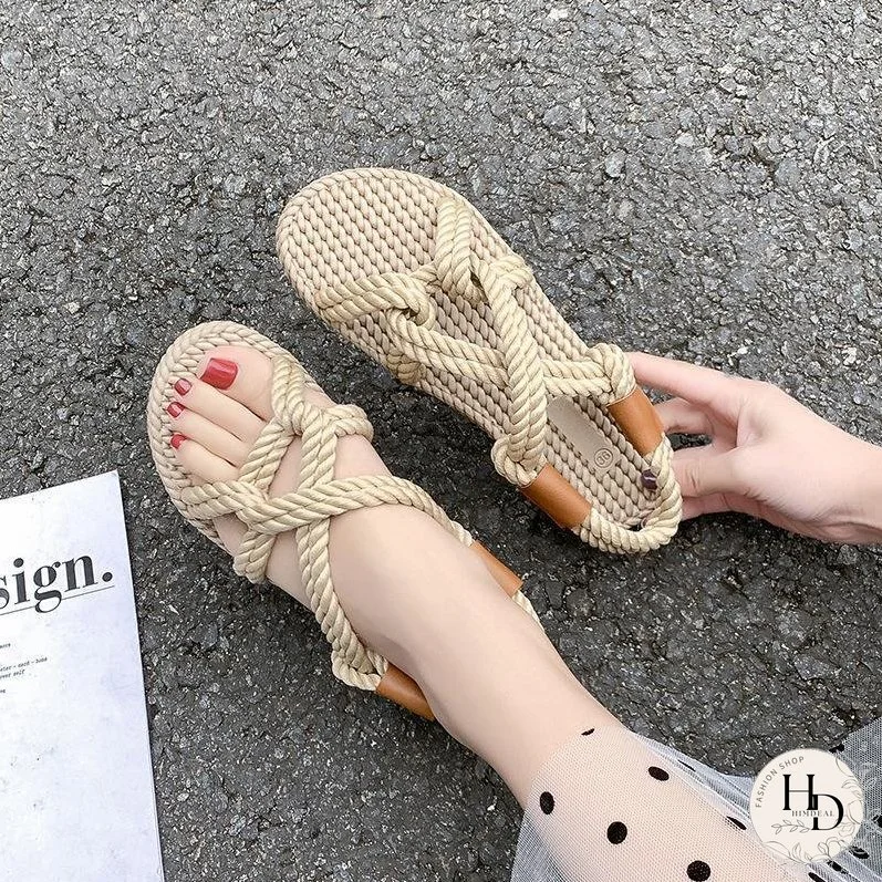 Beach sandals female summer retro casual simple flat open toe hemp rope woven shoes