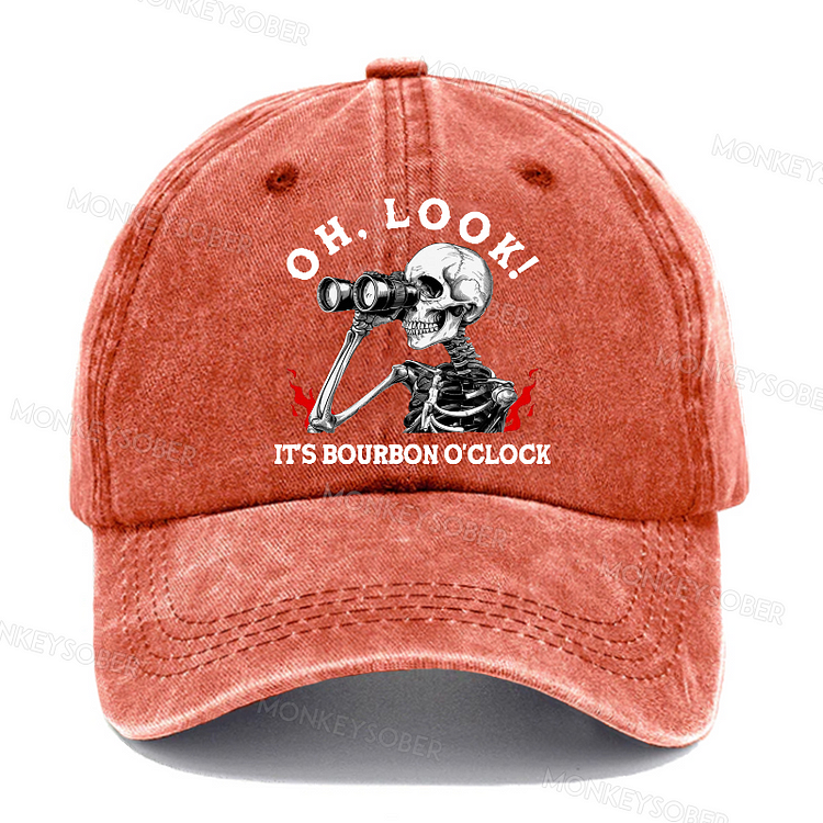 Personalized Oh Look! It's Bourbon O'clock Funny Skull Washed Baseball Caps